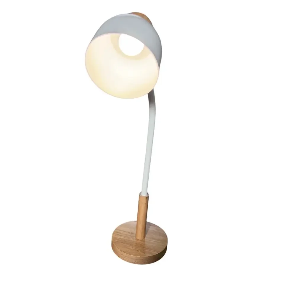 Modern Wood & White Desk Lamp USB Powered Adjustable Gooseneck Table Light